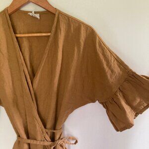 Linen Handmade Studio Custom Reina Wrap Ruffle Dress 100% Linen